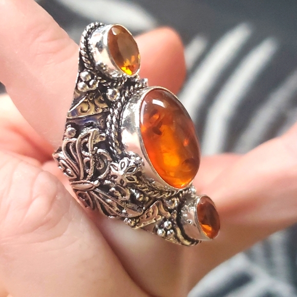 New Baltic Amber & Citrine 925 Silver Butterfly Statement Ring. - Picture 4 of 13